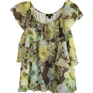 AGB yellow ruffled sheered floral top sz XL